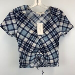 No Comment NY-LA Blue‎ Plaid Cinched Front Crop Top V-Neck Short Sleeve M NWT
